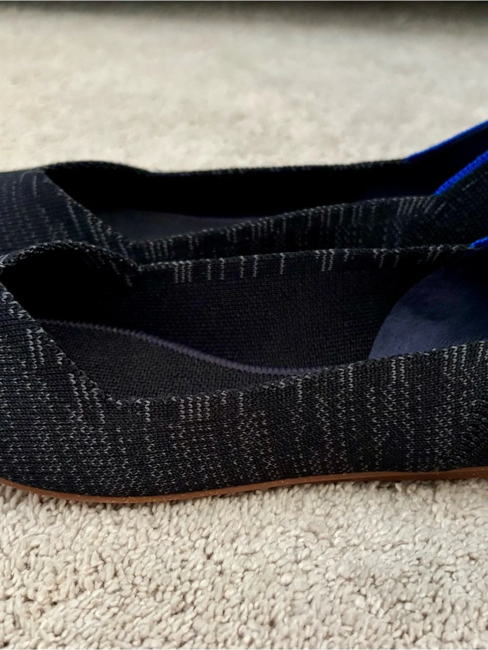 Rothy's Pointed Knit Flats in Black/Grey with Blue Trim